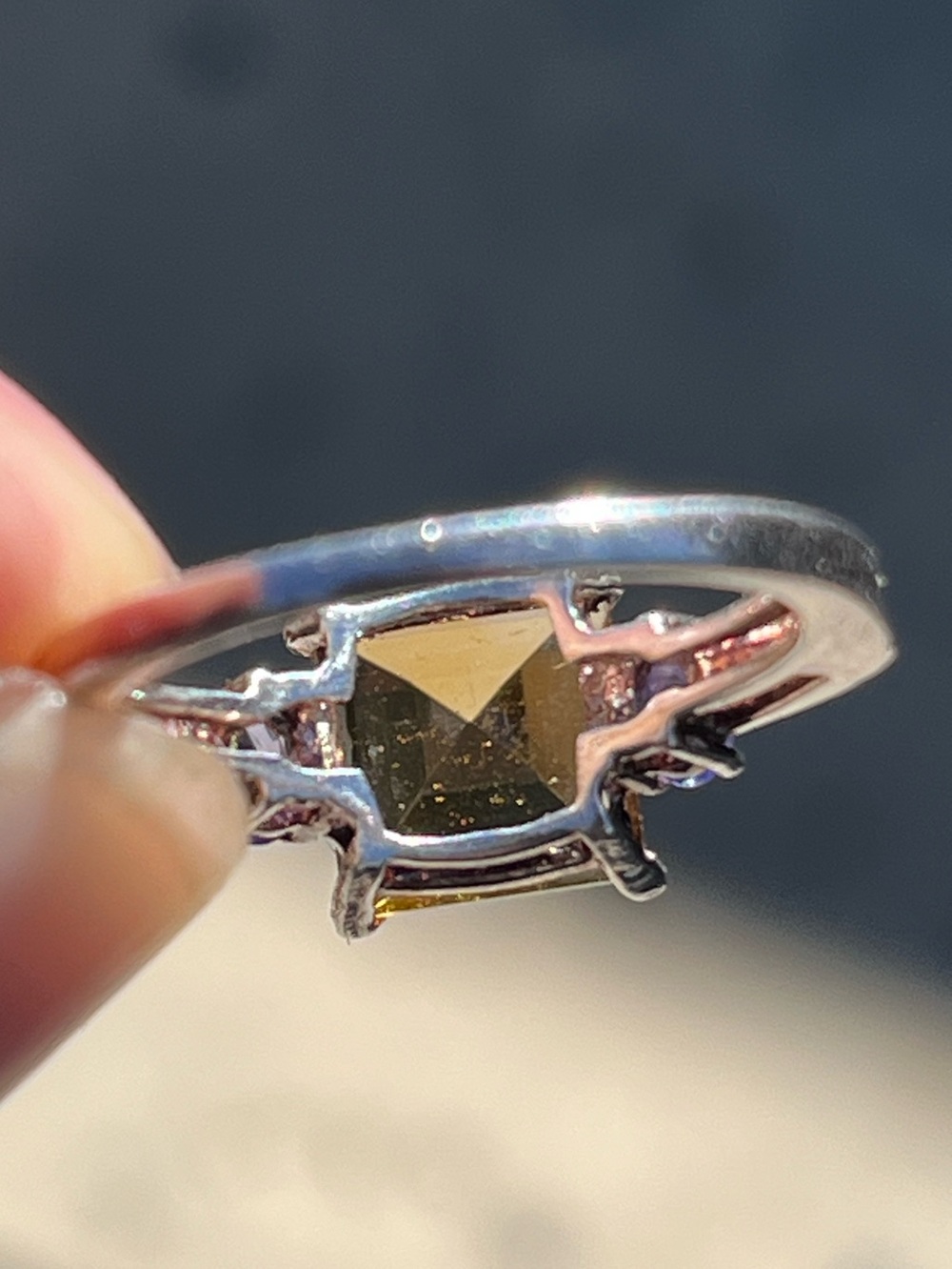 925 Sterling Silver Princess-Cut Golden Yellow Gemstone Ring with Purple Stones - Picture 8 of 10